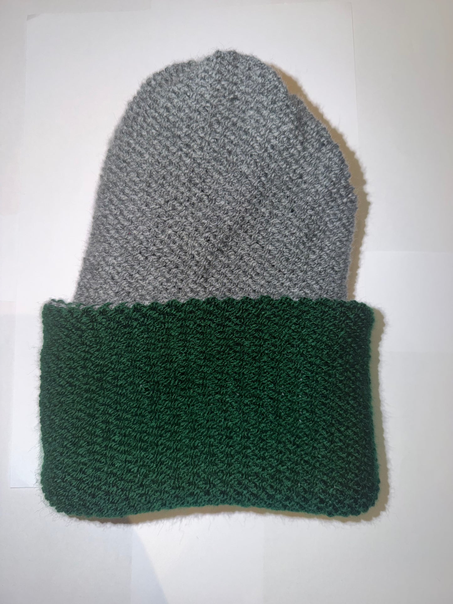 School Green and Dark Grey Beanie dual-tone reversible handmade wooly hat.