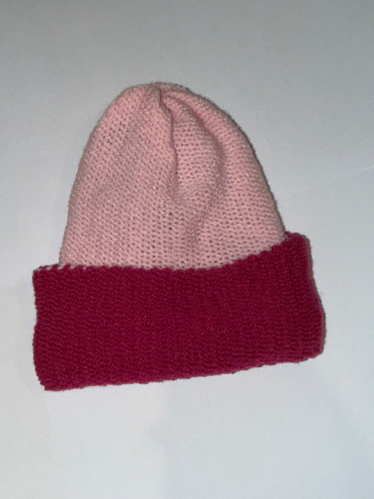 Handmade Reversible Wooly Beanie Hot Pink and Soft Pink showing the two-tone pink knit.