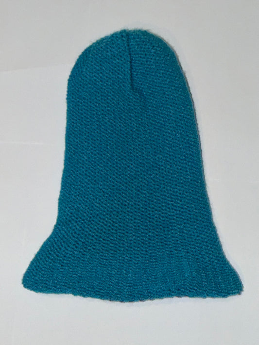 Handmade Reversible Wooly Beanie Dark Lilac and Dark Turquoise showing the rich dual-tone knit.