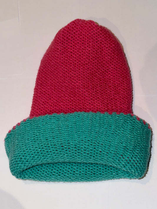 Handmade Reversible Wooly Beanie Aqua and Hot Pink in a cozy wool knit.