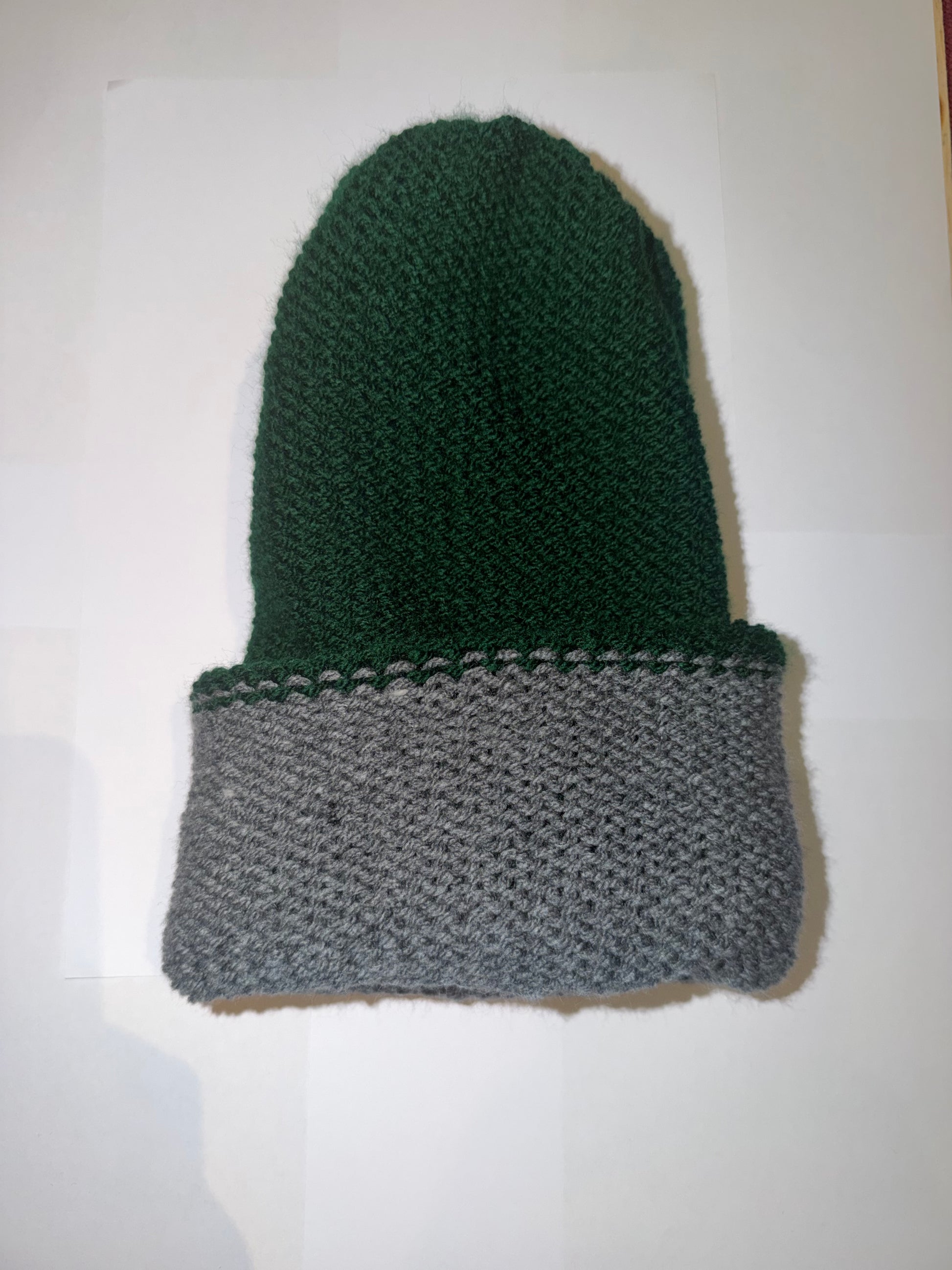 School Green and Dark Grey Beanie dual-tone reversible handmade wooly hat.