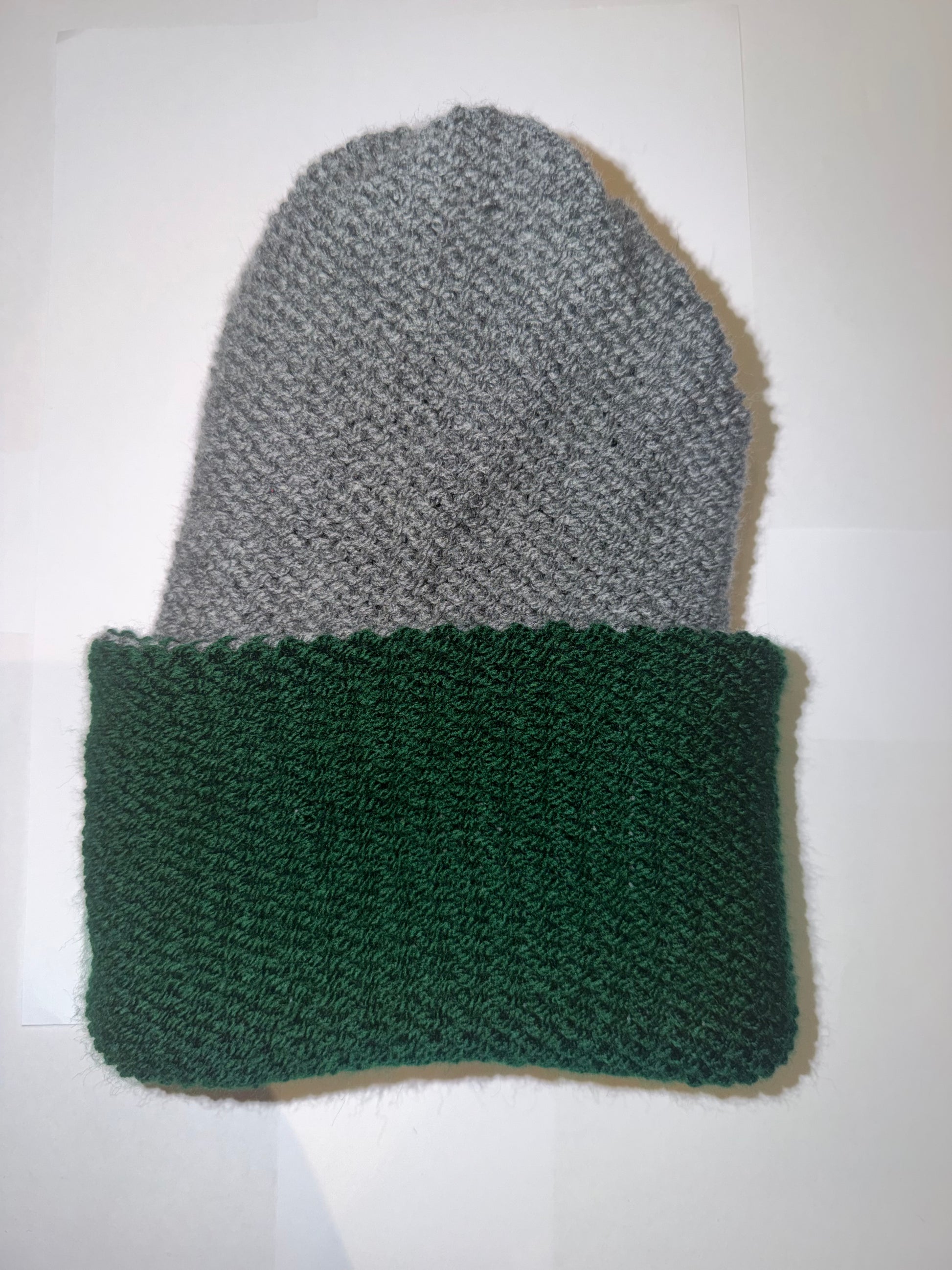 School Green and Dark Grey Beanie dual-tone reversible handmade wooly hat.