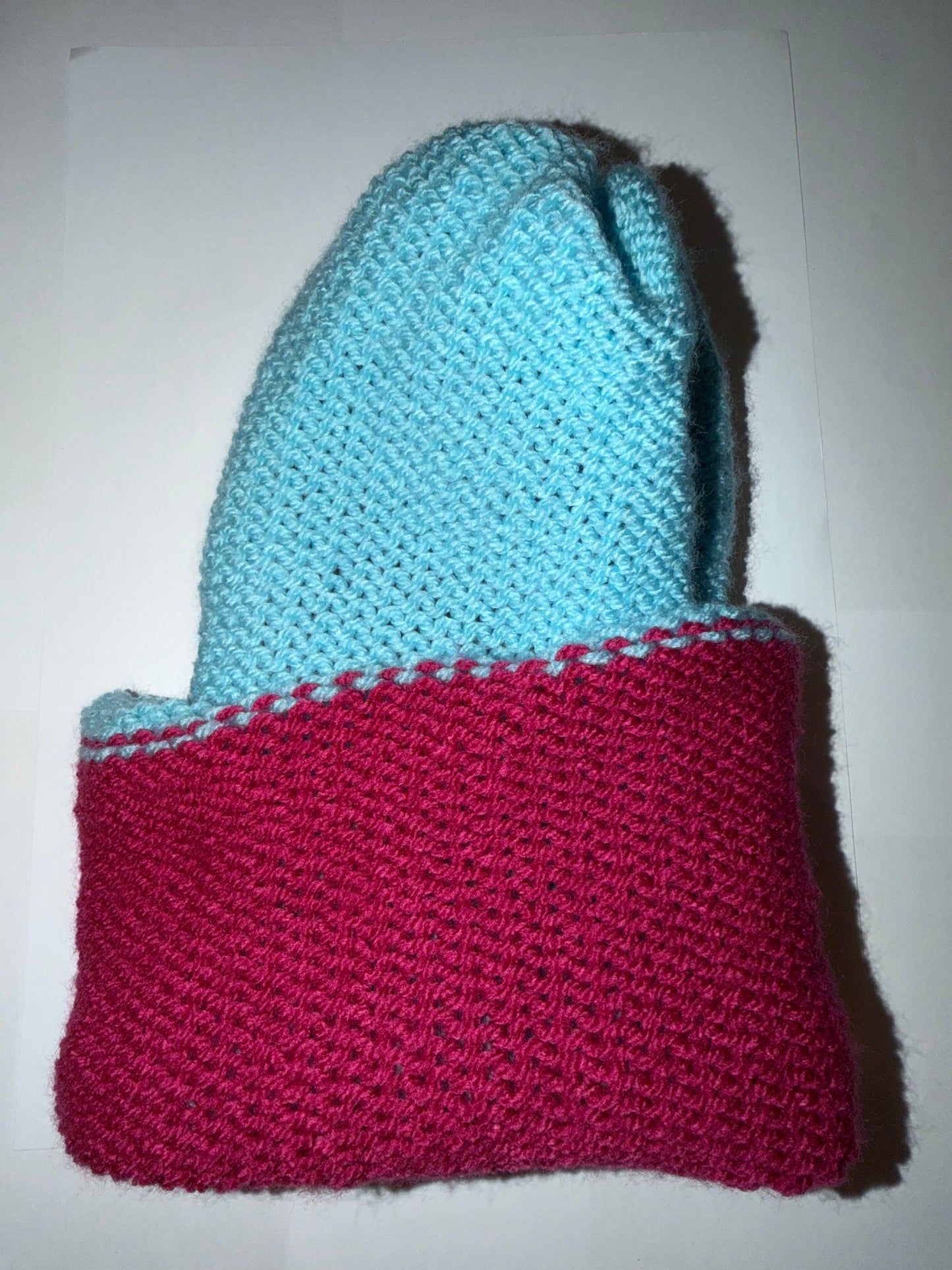 Soft Blue and Magenta Beanie dual-tone reversible handmade wooly hat.