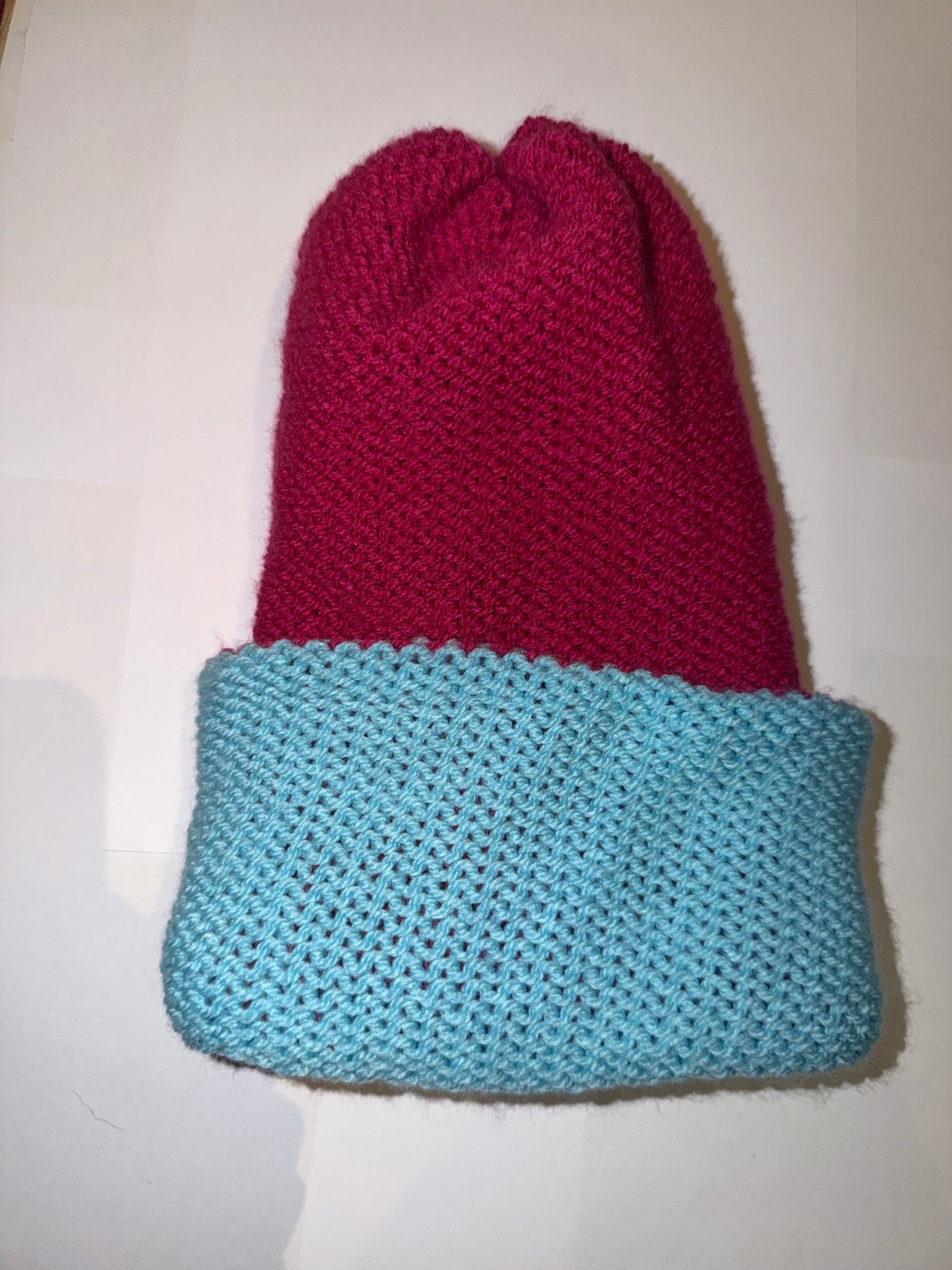 Soft Blue and Magenta Beanie dual-tone reversible handmade wooly hat.