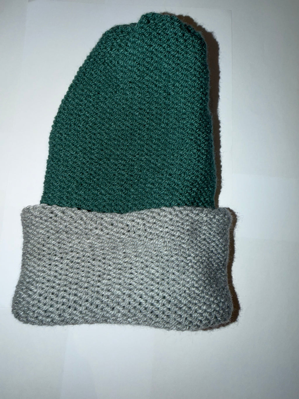Handmade reversible wooly Beanie Mid Green and Light Grey