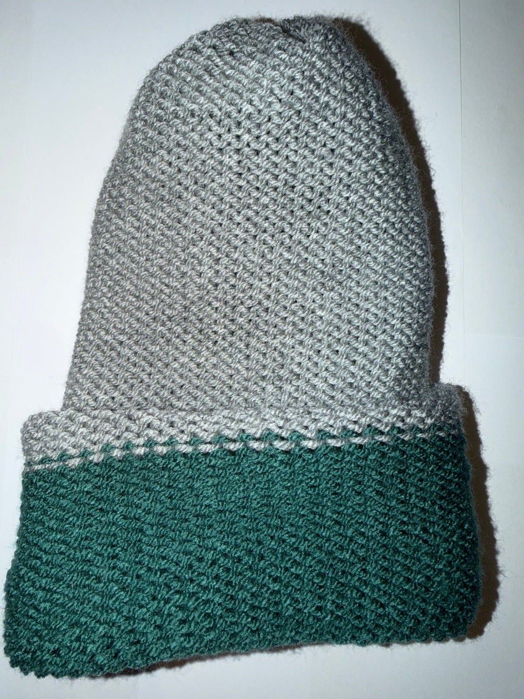 Handmade reversible wooly Beanie Mid Green and Light Grey