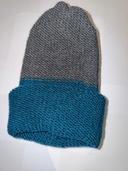 Petrol and Dark Grey Beanie dual-tone reversible handmade wooly hat.