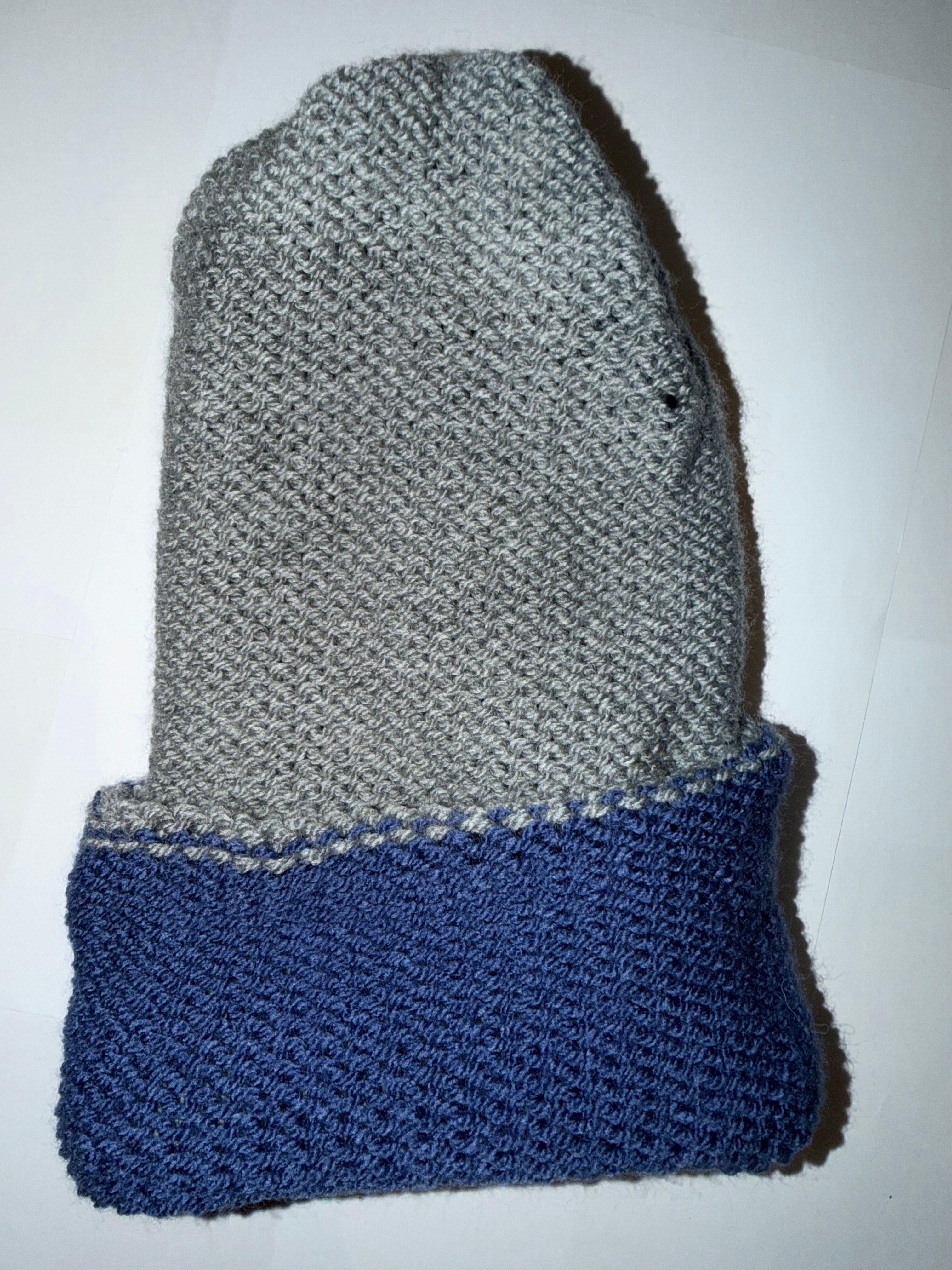 Handmade reversible wooly Beanie Light Grey and Denim