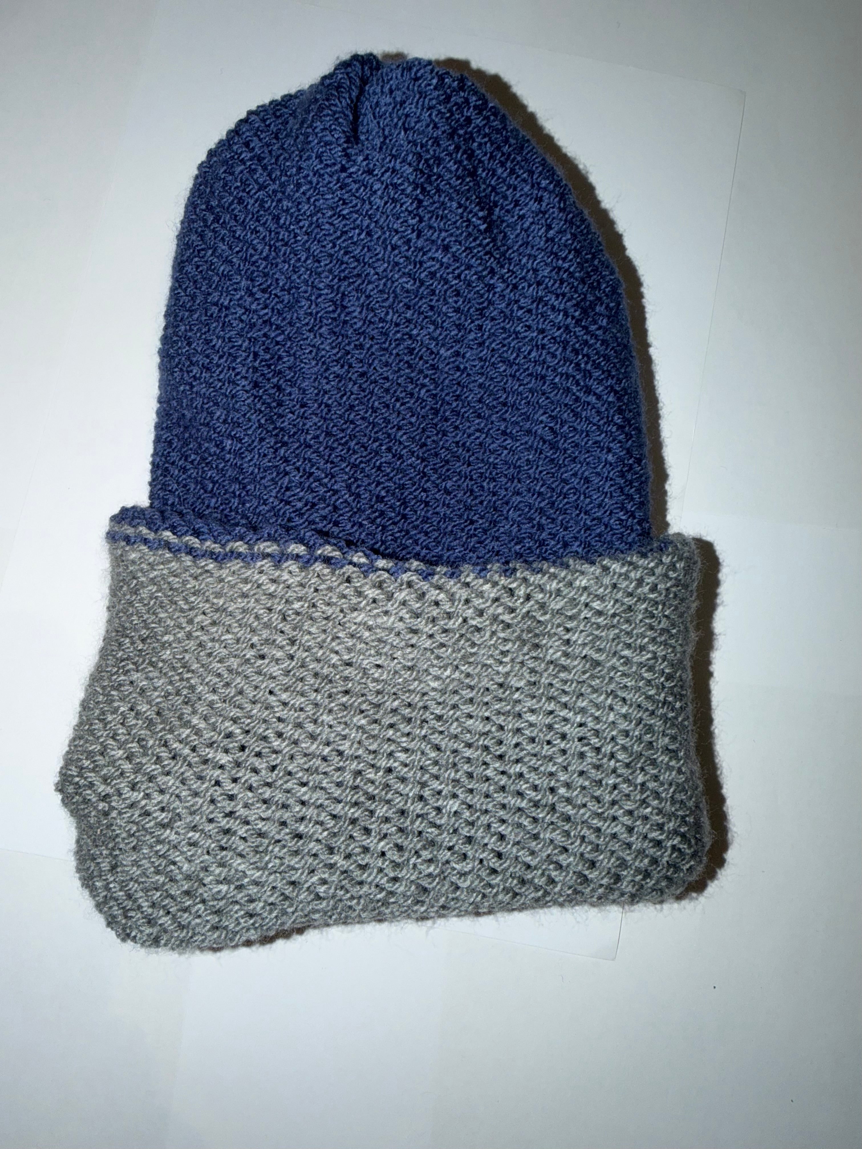 Handmade reversible wooly Beanie Light Grey and Denim