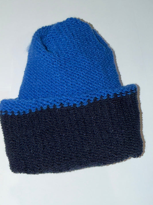 Handmade Reversible Wooly Beanie Navy and Dark Blue showing the two-tone blue knit.