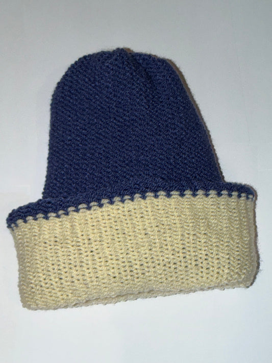 Handmade Reversible Wooly Beanie Cream and Denim dual-tone casual knit hat.