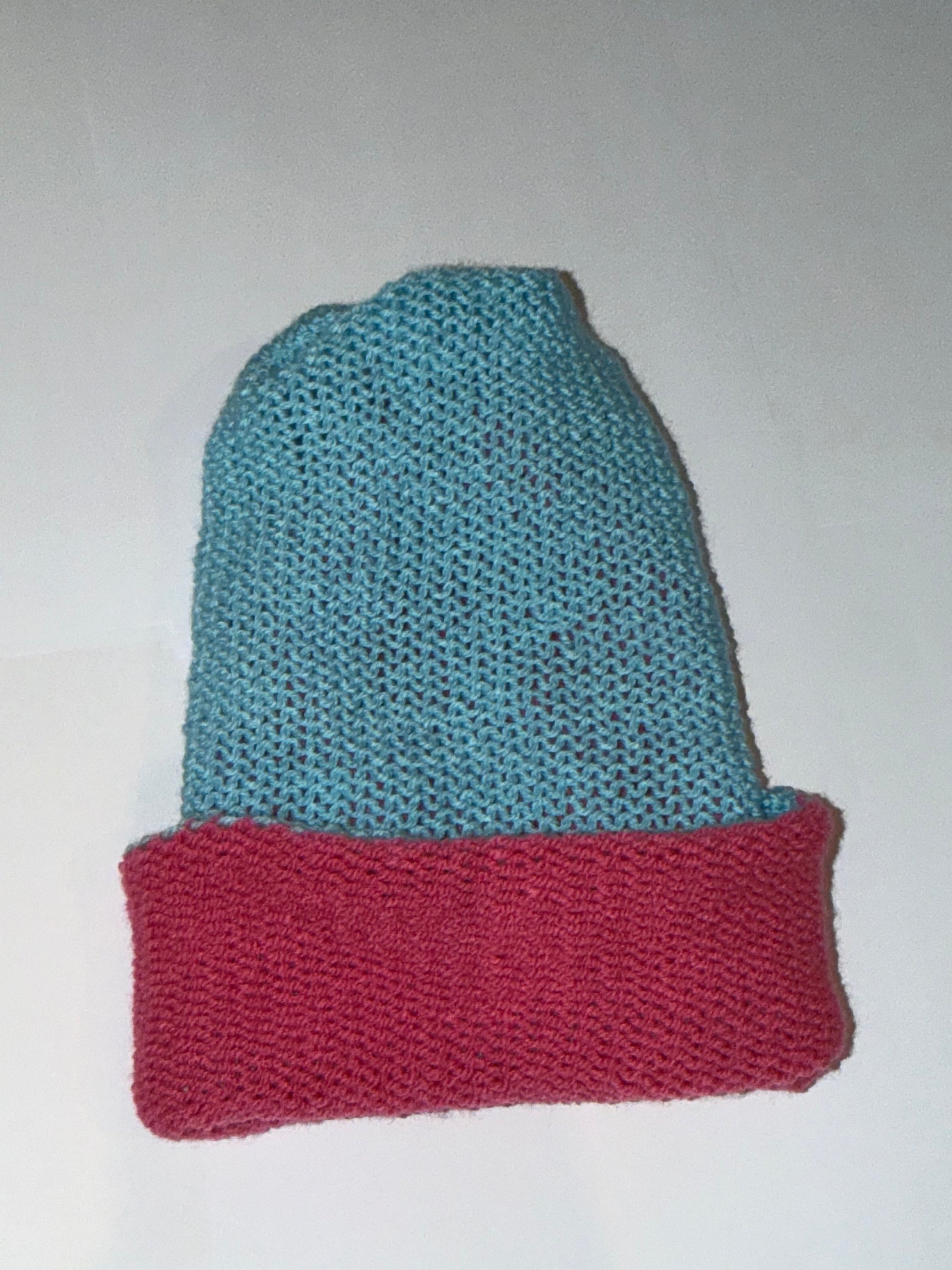 Handmade Reversible Wooly Beanie Soft Blue and Light Pink dual-tone knit hat.