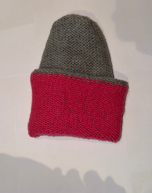 Handmade Reversible Wooly Beanie Grey and Hot Pink in a dual-color artisanal knit.