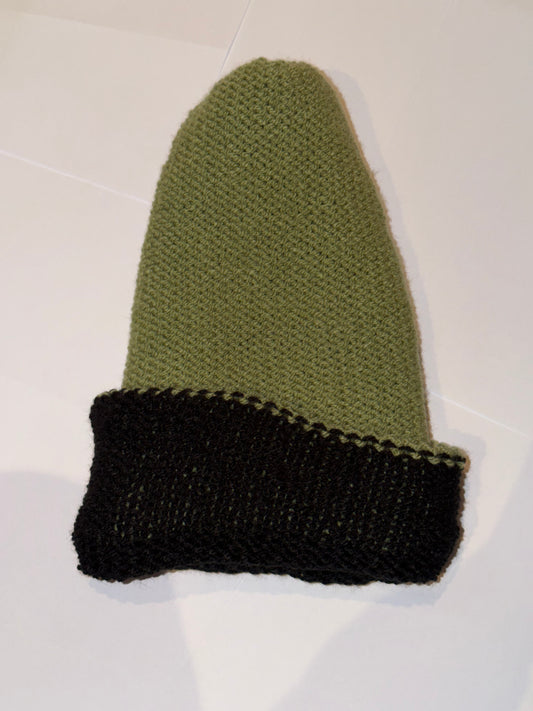 Handmade Reversible Wooly Beanie Sage Green and Black dual-color knit hat.